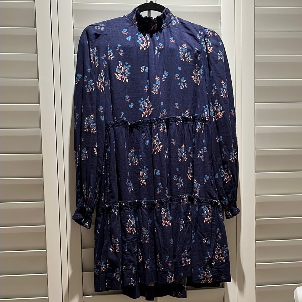 Free People Floral Playful Dress Knee-Length Long Sleeve Navy NWT size XS